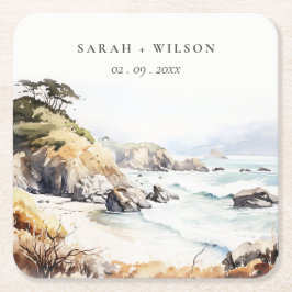 Porta-copo De Papel Quadrado Big Sur, California Watercolor Landscape Wedding