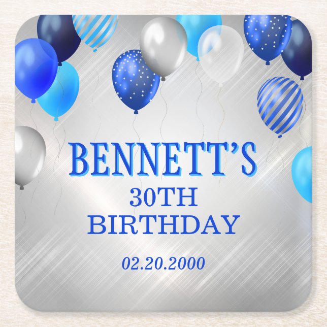 Porta-copo De Papel Quadrado Birthday Blue Balloons Napkins (Frente)