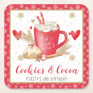 Porta-copo De Papel Quadrado Biscoitos Vermelhos e Cacau 2º Aniversário