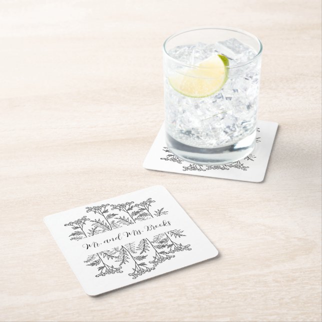 Porta-copo De Papel Quadrado Black and White Personalized Floral Paper Coaster (Insitu)