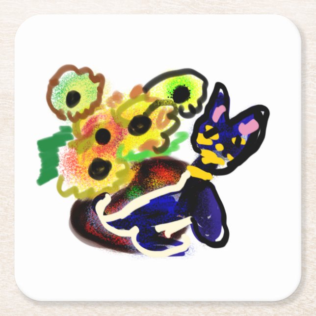 Porta-copo De Papel Quadrado Black Cat and Sunflowers  (Frente)