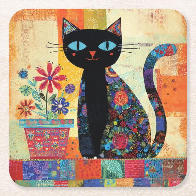 Porta-copo De Papel Quadrado Black Cat Folk Art (Frente)