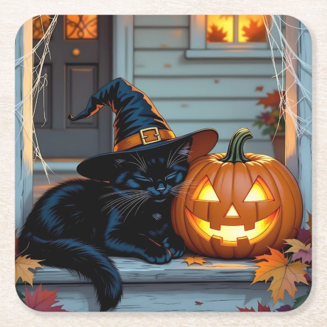 Porta-copo De Papel Quadrado Black Cat Napping on Pumpkin Halloween  (Frente)