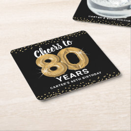 Porta-copo De Papel Quadrado Black Dourado Cheers to 80 Anos Aniversário