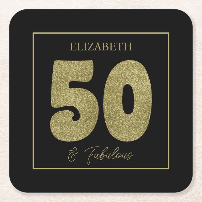 Porta-copo De Papel Quadrado Black Gold 50 & Fabulous Party  (Frente)