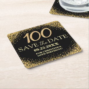 Porta-copo De Papel Quadrado Black Gold Glitter 100º Aniversário Salve a Data