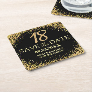 Porta-copo De Papel Quadrado Black Gold Glitter 18º Aniversário Salve a Data