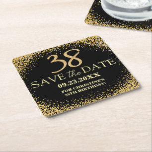 Porta-copo De Papel Quadrado Black Gold Glitter 38º Aniversário Salve a Data