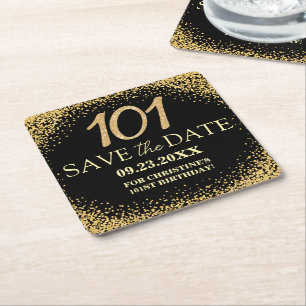 Porta-copo De Papel Quadrado Black Gold Glitter Aniversário de 101 anos Salve a