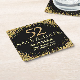 Porta-copo De Papel Quadrado Black Gold Glitter Aniversário de 52 anos Salve a