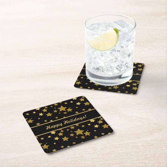 Porta-copo De Papel Quadrado Black Happy Holidays Coaster with Golden Stars (Insitu)