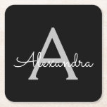 Porta-copo De Papel Quadrado Black Silver Modern Script Girly Monographic Name<br><div class="desc">Portas copos de papel de nome de monograma de script simples preto e prateado. Isso faz a formatura perfeita,  aniversário,  casamento,  chá de panela,  aniversário,  chá de fraldas ou presente de festa de solteira para alguém que ama luxo de vidro e estilos quíticos.</div>