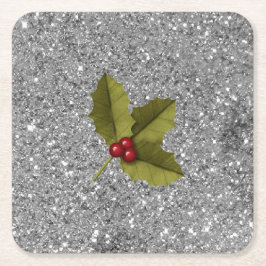 Porta-copo De Papel Quadrado Bling Christmas Holly Berry Leaf Silver Glitter