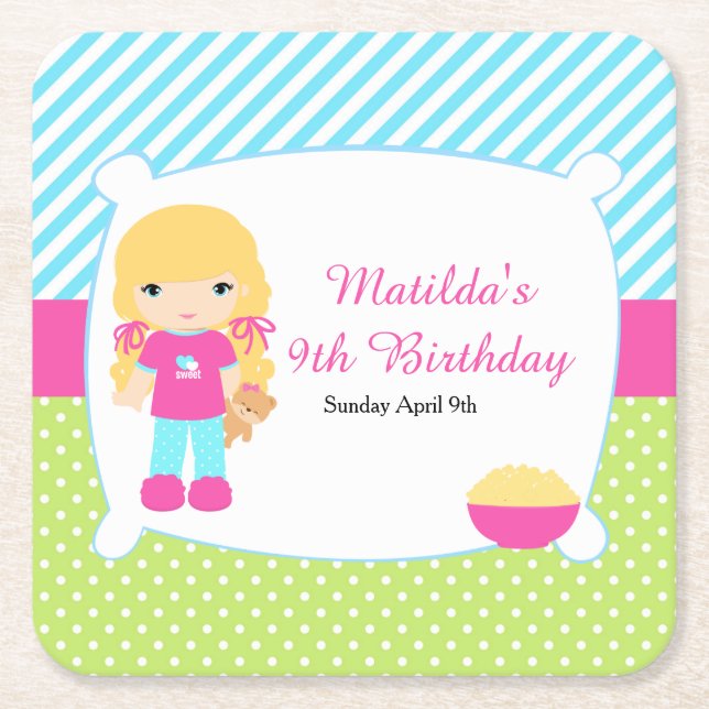 Porta-copo De Papel Quadrado Blona Hair Girl Sleepover SlumbParty (Frente)