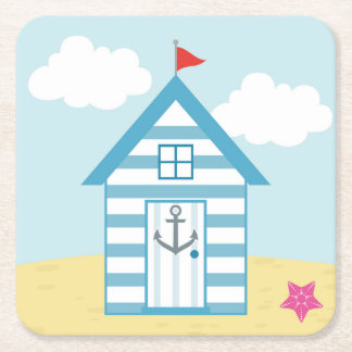 Porta-copo De Papel Quadrado Blue and White Beach Hut