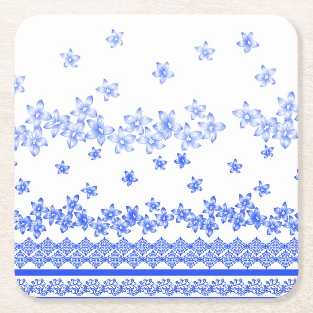 Porta-copo De Papel Quadrado Blue and White floral design, (Frente)