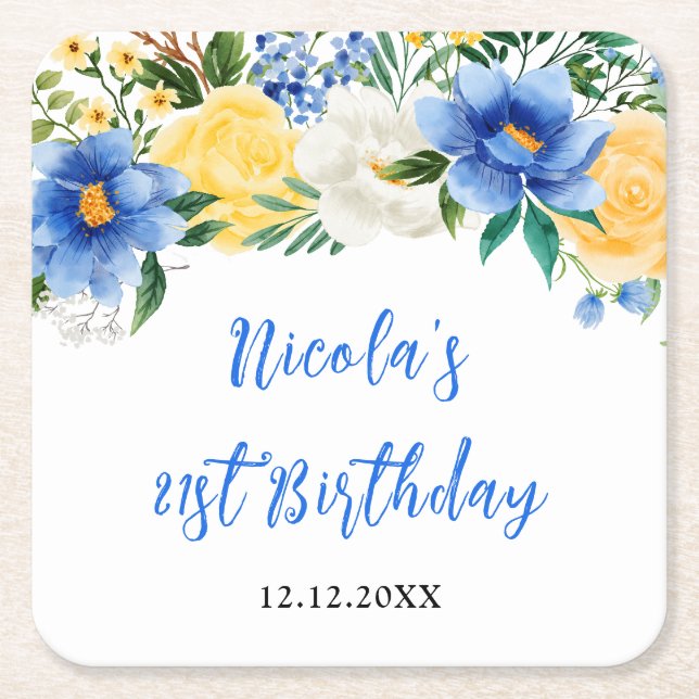 Porta-copo De Papel Quadrado Blue and Yellow Floral Birthday (Frente)