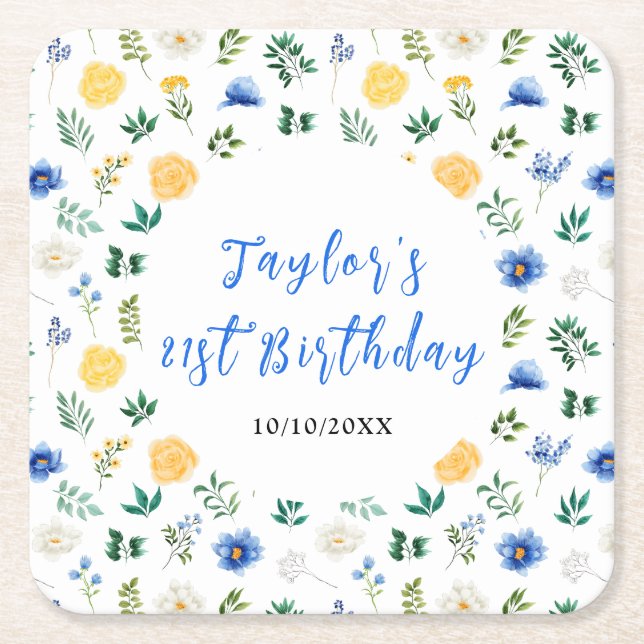 Porta-copo De Papel Quadrado Blue and Yellow Floral Birthday (Frente)