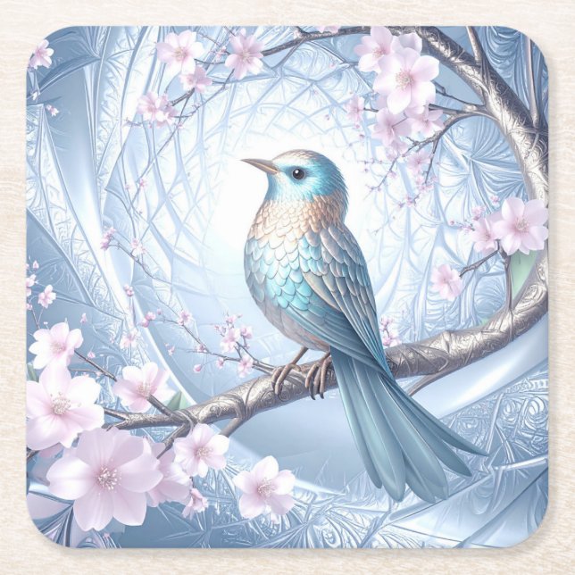 Porta-copo De Papel Quadrado Blue Bird Floral Paper Coaster (Frente)