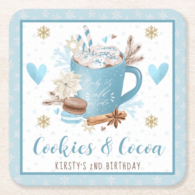 Porta-copo De Papel Quadrado Blue Cookies and Cocoa 2nd Birthday (Frente)