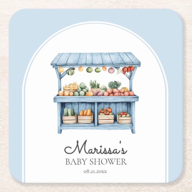 Porta-copo De Papel Quadrado Blue Farmers Market Baby Shower (Frente)