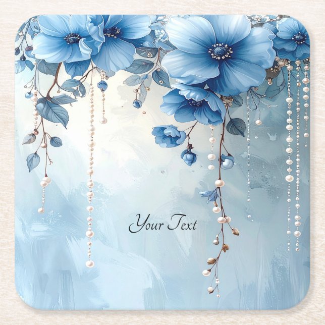 Porta-copo De Papel Quadrado Blue Flowers and Pearls Paper Coaster (Frente)