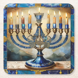 Porta-copo De Papel Quadrado Blue Hanukkah Menorah