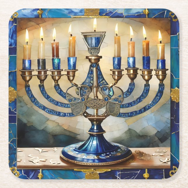 Porta-copo De Papel Quadrado Blue Hanukkah Menorah (Frente)