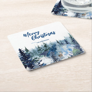 Porta-copo De Papel Quadrado Blue Modern Merry xmas tree rainha