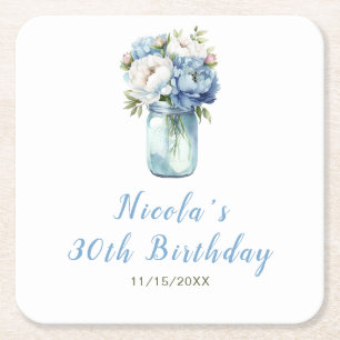 Porta-copo De Papel Quadrado Blue Peonies Mason Jar Birthday
