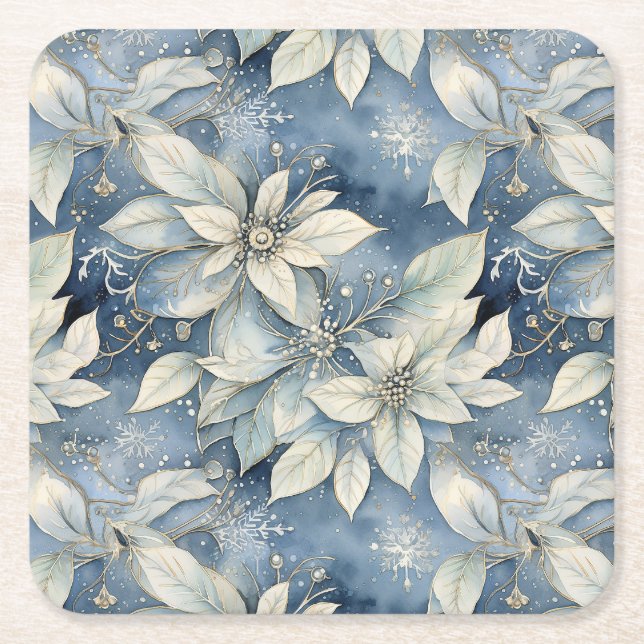 Porta-copo De Papel Quadrado Blue Poinsettia Elegance (Frente)
