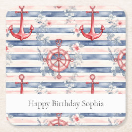 Porta-copo De Papel Quadrado Blue Red Anchors Floral Stripes Beach Birthday