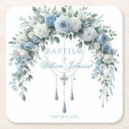 Porta-copo De Papel Quadrado Blue Rose & Silver Cross Baptism Coaster