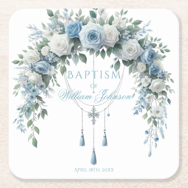 Porta-copo De Papel Quadrado Blue Rose & Silver Cross Baptism Coaster (Frente)