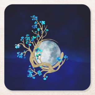 Porta-copo De Papel Quadrado Blue Sakura Blossom Zen Moon