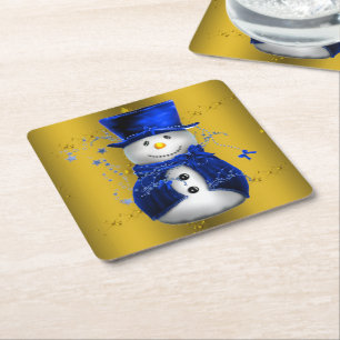 Porta-copo De Papel Quadrado Blue Snowman no Dourado Natal
