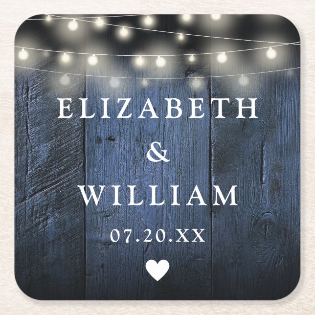 Porta-copo De Papel Quadrado Blue String Luzes Rustic Wood Boho Barn Casamento (Frente)