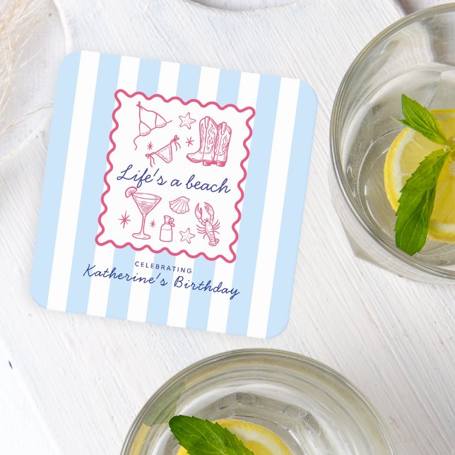 Porta-copo De Papel Quadrado Blue Stripes Pink Summer Favorites Birthday  (Criador carregado)