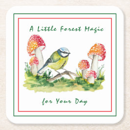 Porta-copo De Papel Quadrado Blue Tit and Fly Agaric Watercolor