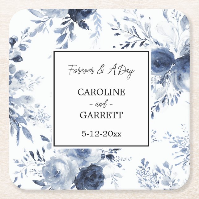 Porta-copo De Papel Quadrado Blue White Romantic Floral Wedding (Frente)
