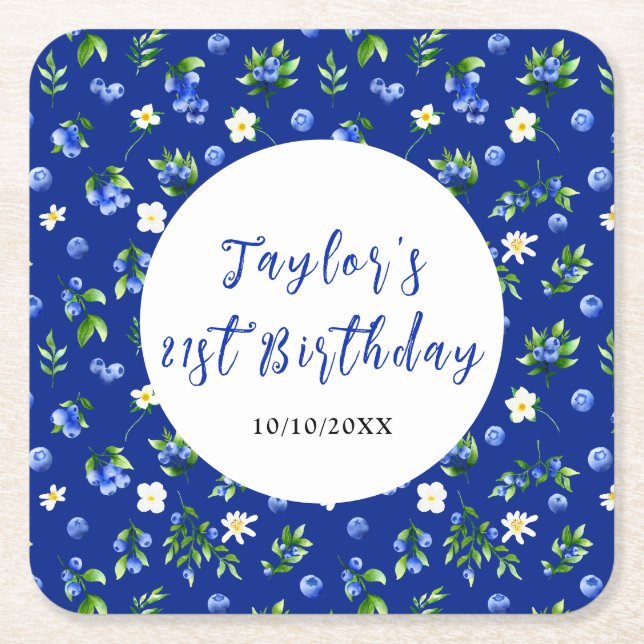 Porta-copo De Papel Quadrado Blueberry Floral Birthday Party (Frente)