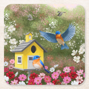 Porta-copo De Papel Quadrado Bluebird e Yellow School Birdhouse