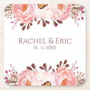 Porta-copo De Papel Quadrado Blush Floral Paper Coaster com Nomes Personalizado