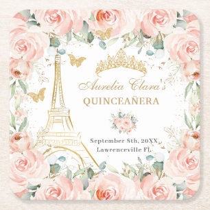 Porta-copo De Papel Quadrado Blush Floral Paris Eiffel Champanhe Quinceañera
