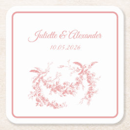 Porta-copo De Papel Quadrado Blush Pink Toile de Jouy Wedding Paper Coasters