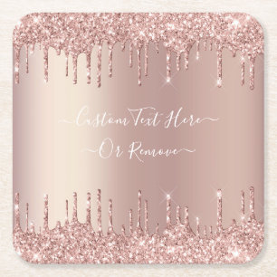 Porta-copo De Papel Quadrado Blush Rosa Brilho de Papel Coaster Texto Personali