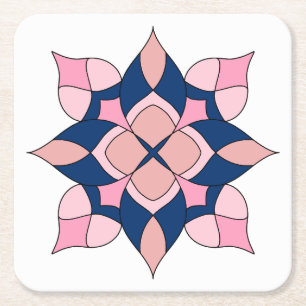 Porta-copo De Papel Quadrado Blush Rosa e Azulejos Florais Geométricos Navy