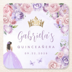 Porta-copo De Papel Quadrado Blush Roxo Floral Quinceañera