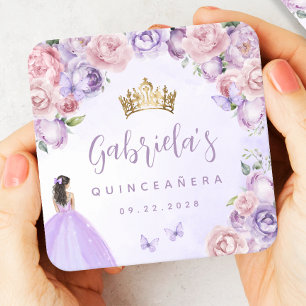 Porta-copo De Papel Quadrado Blush Roxo Floral Quinceañera
