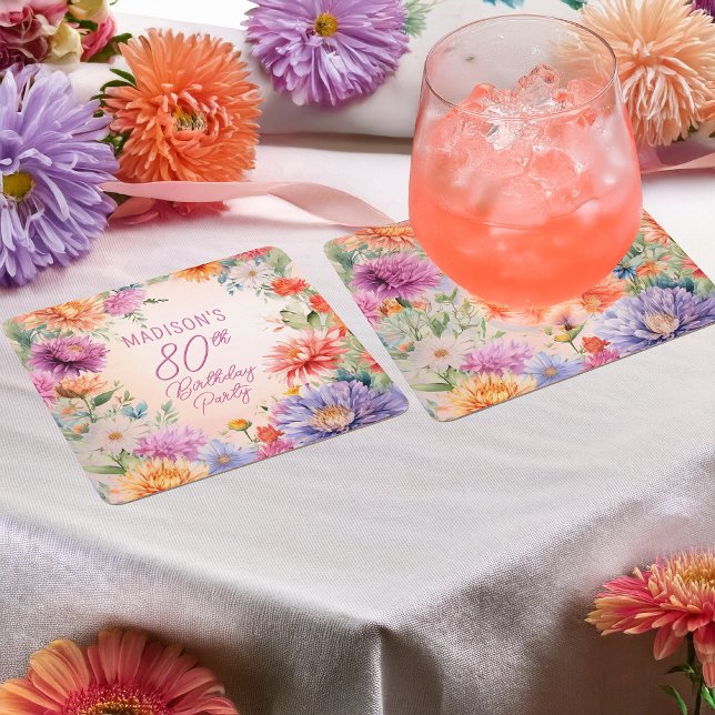Porta-copo De Papel Quadrado Boho Aster Flowers Floral 80th Birthday Party (Boho Aster Flowers Floral 80th Birthday Party Square Paper Coaster)